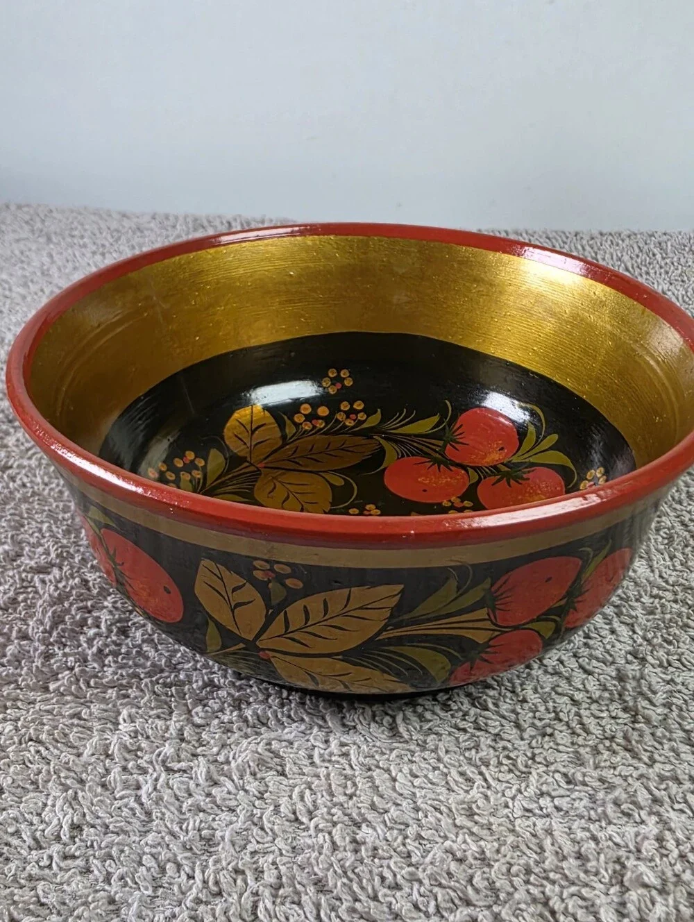 Vintage Russian Khokhloma Hand - Painted Lacquered Wood Bowl